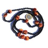 Tigerauge rot (gebr.) Obsidian schwarz - Halskette / Edelsteinkette 90 cm - Linsen-Cabochons / Kugeln 6 mm - Sonderqualität -