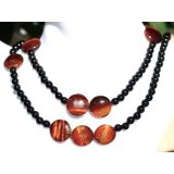 Tigerauge rot (gebr.) Obsidian schwarz - Halskette / Edelsteinkette 90 cm - Linsen-Cabochons / Kugeln 6 mm - Sonderqualität -